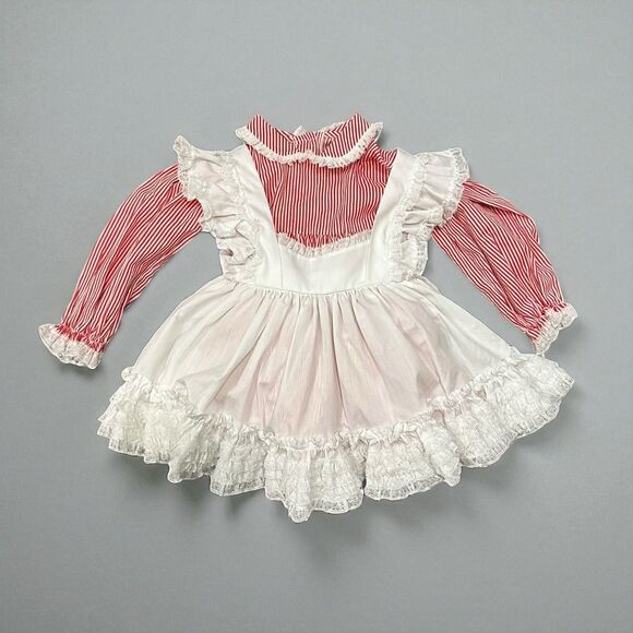 Vintage MINI WORLD Red & White Pinafore Party Dress size L 9-12 Mo Full Skirt - Picture 1 of 10